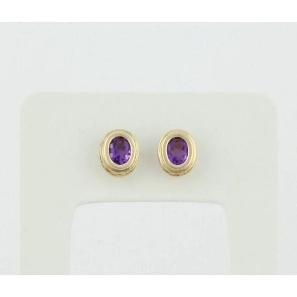 10k Yellow Gold Natural Amethyst Earrings Stud Post - Picture 7 of 8